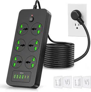 Flat Plug Extension Cord, Universal Power Strip with 6 Outlets 4 USB 2 USB C Ports, 3.1A Fast ChargeOverload Protection, 3000w, 110-240v, Plug Adapter for Home Office Overseas Travel Essentials