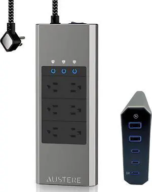 Austere VII Series, 6 Outlet Surge Protector Power Strip, 4000 Joules, Isolated EMI/RFI Filtering, 1 USB-C 45W Fast Charger, 2 USB-C and 2 USB-A 2.4 amp Ports, 7 Year Component Guarantee