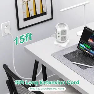 8-Outlet Power Strip Tower | 15 FT Long Extension Cord with Multiple Outlets, 4 USB Ports, Flat Plug | 20W USB C Charging Station | Space-Saving Surge Protector Tower for Desk, Office, Home, Room