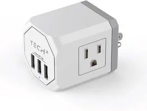 Tech2 Three Sided Surge Protector Cube with 3 Outlets & USB Ports (Smart 3A Total) ETL Certified Adapter for Home, School, or Office