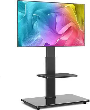 Rfiver Floor TV Stand with Mount for 32-70 inch TVs up to 110lbs, 12 Level Height Adjustable & Swivel TV Stand with Dual Storage Shelves, Heavy-Duty Tall TV Stands for Bedroom, Corner, Living Room