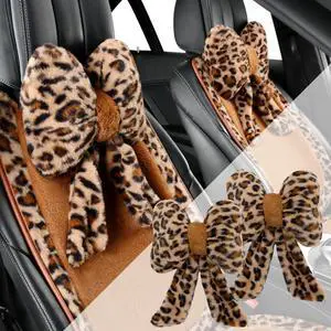 Car Neck Pillow 2PCS Plush Bowknot Car Headrest Pillow  Comfortable Neck Support for Driving Soft Touch Fabric Car Pillow Cute Girl-Style Interior Decor (Leopard)