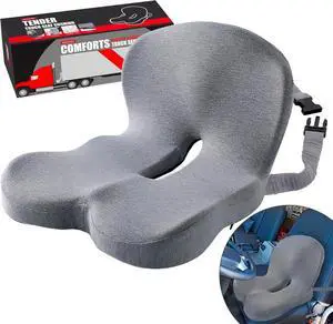 Seat Cushion for Truck Driver, Memory Foam Truck Seat Cushion with Adjustable Strap  Ergonomic Back Support & Sciatica Relief for Long Drives, Semi Truck Accessories, Light Gray