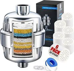 Beati Faucet® Chrome Shower Filter with KDF-55, Alkaline Carbon, Vitamin C & E | 6 Cartridges Hard-Water Softener Removes Chlorine, Fluoride & Heavy Metals | Soothes Dry Skin, Itchy Scalp & Hair Loss