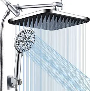 Rain Shower Heads with Handheld Spray Combo, 14" High Pressure Rainfall Showerhead with 10 Modes Shower Water Sprayer with Long Hose, Adjustable Extension Arm for Upgraded Bathroom CP