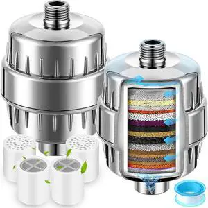 2 Pcs Shower Filter with 4 Pack 20 Stage Shower Filter Replacement, Heavy Duty Water Softener to Remove Chlorine, Fluoride, Heavy Metals, Iron, Improve Your Skin and Hair