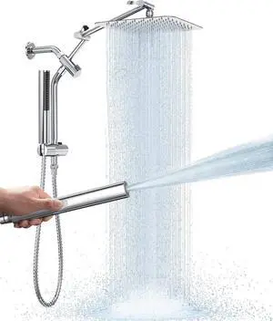 Veken 10" Luxurious All Metal Rain Shower Head with Handheld, High Pressure Rainfall Shower Heads wih Extension Arm, Wide Dual Showerhead with Spray Combo, Bathroom Accessories, Chrome, Silver