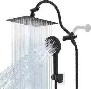 Hibbent All Metal High Pressure Rainfall 10 Inch Shower Head/Handheld Showerhead Combo/ 12 Inch Adjustable Curved Shower Extension Arm, 10-Spray, 71-inch Hose, Adhesive Showerhead Holder, Matte Black
