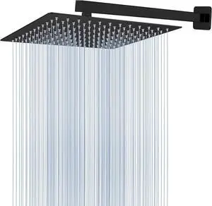 Voolan All Metal Shower Head with Extension Arm, Stainless Steel Waterfall Rainfall Showerheads, High Flow Bathroom Square Rain Shower Head (12 Shower Head with 16 Shower Arm, Black)