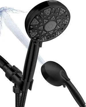 Shower Head With Handheld High Pressure 7 modes, Built-in Power Wash to Clear Tub, Tile, 5" High Powerful Hand Held Rain Showerhead with Stainless Steel Hose and Adjustable Bracket (Matte Black)