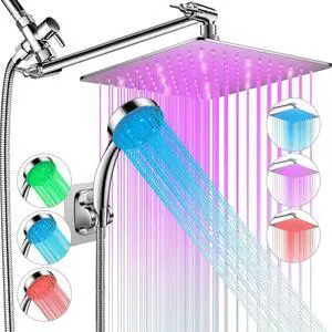 LED Shower Head with High Pressure 10'' Rain Shower Head, 11'' Adjustable Extension Arm, Color Changing Based On Water Temperature, Stainless Steel, 60'' Hose, Chrome