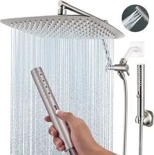 12 Inches Metal Shower Heads with Multifunction Handheld Spray Combo, Rain Shower Head Combo with 3 Way Metal Diverter, 13 Inch Adjustable Extension Arm and Extra Long Hose(Brushed Nickel)