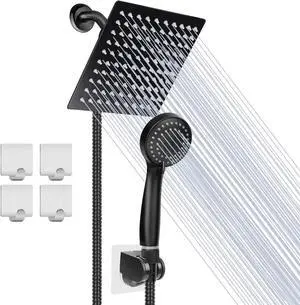 Stainless Steel Shower Head Combo, High Pressure 8'' Rainfall Handheld with 60'' Hose, Anti-leak, Flow Regulator, Chrome, 4 Shower Hooks Black