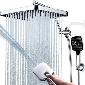 Shower Heads with Handheld Spray Combo, 13 Inches Rain Shower Head with 4 Mode Handheld Wand, and 13 Inches Adjustable Extension Arm, 3 Way Diverter Valve, Extra Long Hose (Chrome)