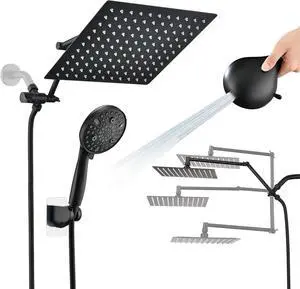 PDPBath 12" Rainfall Shower Head with Handheld Spray, Dual Rain Showerhead with High Pressure 10-Setting Wand Combo, 16" Adjustable Extension Arm Build-in 3-way Diverter, 6ft Hose -Matte Black