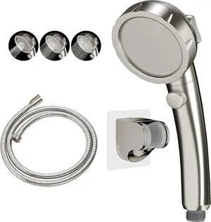 KAIYING Drill-Free High Pressure Handheld Shower Head with ON/OFF Switch, 3 Spray Modes - Brushed Nickel