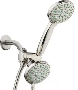 AquaDance Antimicrobial/Anti-Clog High-Pressure 30-setting Shower Combo, Microban Nozzle Protection from Growth of Mold, Mildew & Bacteria for Stronger Shower! Brushed Nickel Finish/Coral Green Jets