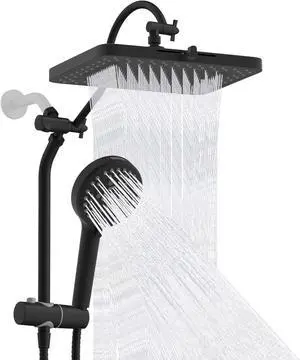 Hibbent Upgraded 13'' Shower Head Combo, High Pressure 5 Spray Rainfall Showerhead with 10 Spray Modes Handheld, All Metal 3-way Diverter Shower Arm, 71'' Hose and Holder, Matte Black