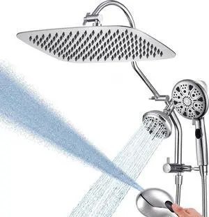G-Promise 12 Inch Metal Rain Shower Head with Handheld Spray Combo, Massage Fixed and 7+2 Function Handheld Showerhead, Extended Diverter with 12 Inch Extension Arm, Extra Long stainless steels Hose