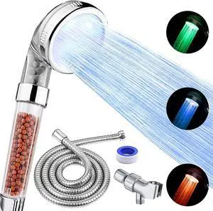 LED Shower Head with Handheld, Shower Head High Pressure Shower Head with Hose, Holder & PTFE Tape etc, 3 Water Temperature-Controlled Water Saving Filtered Shower Head for Dry Hair& Skin