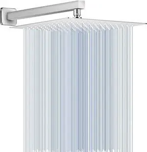 All Metal Rainfall Shower Head with Extension Arm Brushed Nickel, 12" Large Rain Square Showerhead with 16" Shower Arm All Stainless Steel, 144 Silicone Nozzles Waterfall Full Body Coverage