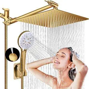 Shower Head, 8" High Pressure Rain shower head with Handheld Spray Combo, 6 Settings Handheld with 78" Anti-leak Hose, 11" Adjustable Extension Arm, Ultra Thin Water Saving, Gold, AWAXFOLO