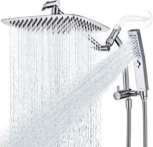 G-Promise All Metal 12 Inch Shower Head with Massage Mode Handheld, Rain Shower Head with Handheld Spray Combo, 3-Way Diverter with Pause Setting, 11 Inch Adjustable Extension Arm (Chrome)