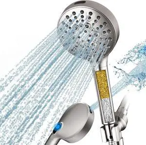 BRIGHT SHOWERS Filtered Shower Head with Handheld, High Pressure 9 Spray Mode Showerhead with Long Hose and Bracket, Water Softener Filters Beads for Hard Water - Removes Chlorine, Brushed Nickel