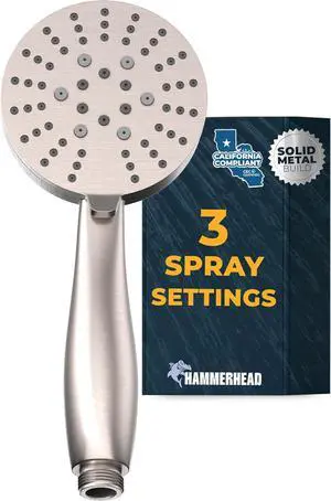 HammerHead Showers® Solid METAL 3-Spray Hand Held Shower Head, Brushed Nickel | Select from Wide, Massage, and Mist Sprays | 1.75 GPM Low Flow Handheld Showerhead | Made from 304 Stainless Steel