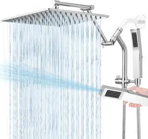 All Metal 12 Inch Rain Shower Head with Handheld Built-in Power Wash Mode, High Pressure Waterfall Rainfall Square Shower Heads with 16" Adjustable Extension Arm, Dual Showerhead(Chrome)