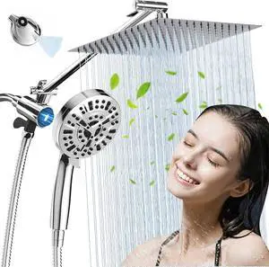 10'' Magnetic Rain Shower Head with Handheld Spray Combo, 8+2 MODE Built-in Power Wash, Stainless Steel Showerhead with Extension Arm and Long Hose, Chrome