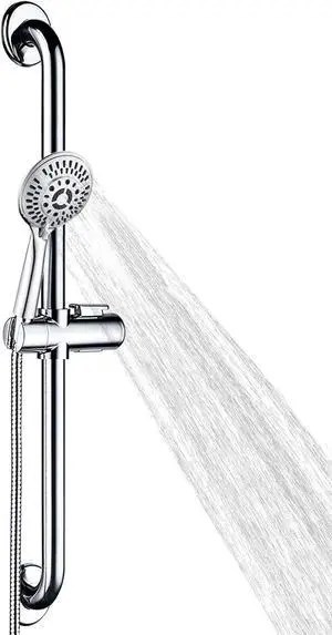 BRIGHT SHOWERS Stainless Steel Grab Bar Set  Includes Handheld Shower Head with Extra Long Hose, Shower Head and Hose Chrome Plated