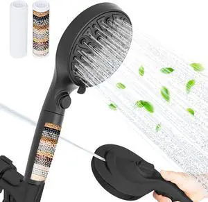 HYLER Shower Head High Pressure Handheld with 15-Stage Filter (Extra Filter, 6ft Hose, 2.5 GPM) - 8 Spray and 1 Focused Jet Mode, Water Saving Showerhead, Black Matte