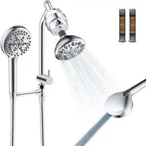 Filtered Dual Shower Heads with Handheld Spary Combo, 3-Way High Pressure 10 Modes Handheld Shower & 7 Modes Rain Shower Separately or Together, with 20 Stage Shower Filter, Chrome