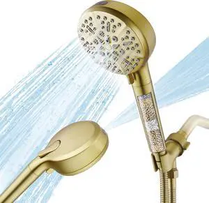 Gold Filtered Shower Head with Handheld, YardMonet 6 Modes Shower Head with Filter, High Pressure Powerful Water Spray Handheld Shower Head with Stainless Steel Hose and Adjustable Mount, Brushed Gold