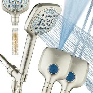 AquaCare 4X High Pressure 10 Spray Mode Filtered Showerhead - Handheld Shower Head Filters Chlorine to Heal Dry Skin, Revive Hair - Dual Power Wash Cleans Tub, Tile, Pets - Hard Water Softener, Nickel