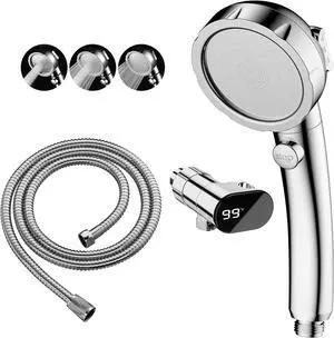 KAIYING High Pressure Shower Heads with Shower Thermometer, 3 Spray Hand Held Shower Head with On Off Switch, Detachable RV Shower with Hose and LED Temperature Display Bracket, Chrome
