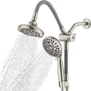 AQUAZEN® Dual Shower Head Combo | Adjustable Rainfall + Handheld Shower | 6 Spray Modes Each | Flexible Mount & Swivel Heads | 5ft Stainless Steel Hose | Premium Nickel Finish | Fits All US Showers