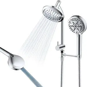 Metal Dual Shower Head Easy Reach, 10-Setting Handheld Shower & 6-inch Fixed Rain Shower Separately or Together, 2-in-1 Showerhead, Stainless Steel Hose, 3-way Diverter, Brass Shower Holder, Chrome