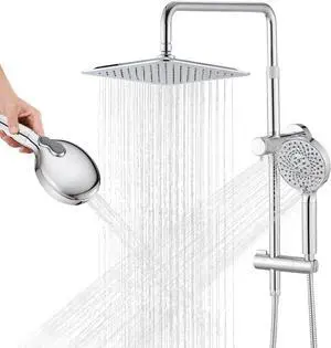 10 Inch High Pressure Rainfall Shower Head with Handheld Combo, 9 Setting Handheld Shower Head, Adjustable Height Shower Extension Arm and Slide Bar for Easy Reach - Chrome