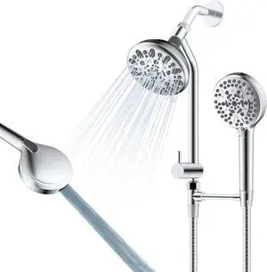 Metal Dual Shower Head Easy Reach, High Pressure 10-Spray Handheld Showerhead Rainfall Shower Head Combo with 11" Shower Extension Arm, 71" Hose, 3-way Diverter, Brass Shower Holder, Chrome