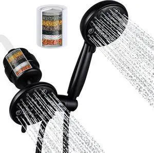 G-Promise Filtered 8 Settings Fixed Shower Head with Handheld Combo, High Output Filter for Hard Water, Reduces Chlorine and Fluoride,1 Cartridge Replacement Included. (Matte Black)