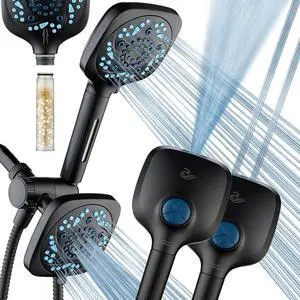 6-way High Pressure 82 Spray Mode Filtered Showerhead Combo - Handheld Shower Head Filters Chlorine to Heal Dry Skin, Revive Hair - Dual Power Wash Cleans Tub, Tile, Pets - Hard Water Softener, Black