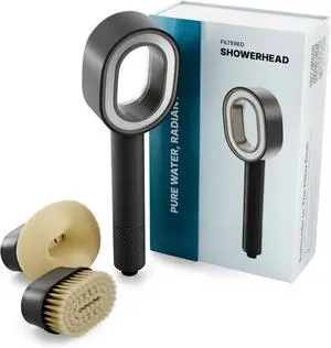 NU Aqua Handheld Filtered Shower Head - Black - High Pressure Shower Filter Protects Hair and Skin - Reduces Hair Shedding, Dandruff, and Dry Skin - Soft Brush Head and Foaming Sponge Exfoliator