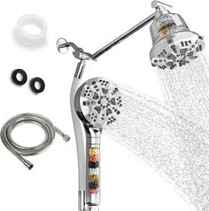 AQUAZEN® Dual Filtered Shower Head Combo | Rainfall + Handheld | 6 Spray Modes | High Pressure | Flexible Mount | Hard Water Filtration | 60" Hose | Chrome Finish
