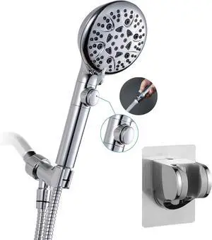 Handheld Shower Head with ON/OFF Switch,Detachable 8 Mode High Pressure Shower Wand with Long Hose and Bracket PLUS Extra Adhesive Holder for Lower Mount,Built-in Power Wash to Clean Tub,Silve