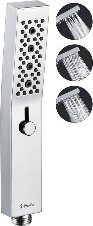 G-Promise All Metal Square 3 Function Handheld Shower Head, with Push On/Off Switch, Easy and Quick Switch to Massage Mode, Bathroom Shower Wand Design Exquisite Luxury, 2.5 GPM, Chrome