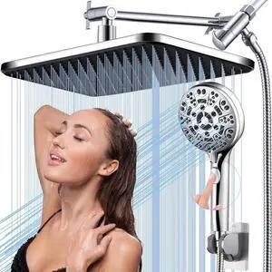 Rain Shower Head with Handheld-14inch Rainfall Showerhead,8Spray Hand held with ON/OFF Pause Switch, Tandem High Pressure Output,Long Hose Make Hands Free for Kids, pet bath in tub