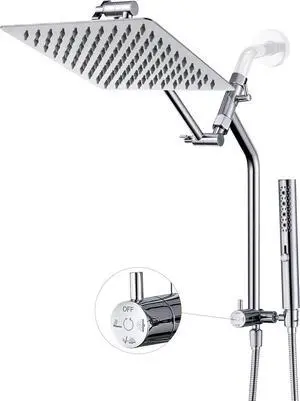 G-Promise All Metal Rain Shower Head with Massage Mode Handheld Spray Combo, 13.5 Inch Extended Diverter with Low Handheld Holder, Adjustable Shower Extension Arm, 60 Inch Long Hose (Chrome)