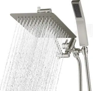G-Promise All Metal 8 Inch Dual Square Shower Head with Handheld Spray Combo, Rain Shower Head, Adjustable Extension Arm, 3-Way Diverter, 71 Inch Extra Long Hose - A Bathroom Upgrade (Brushed Nickel)